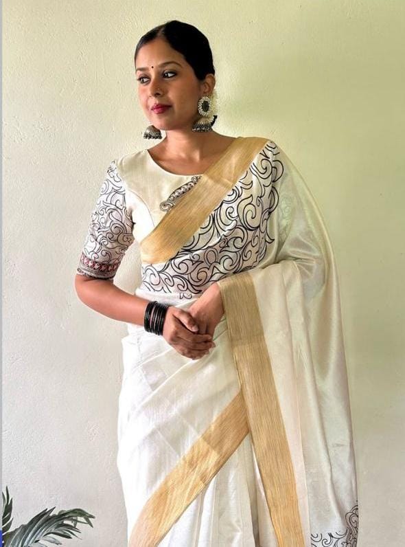 Sf MG606 Linen Digital Printed Gold Zari Border Saree