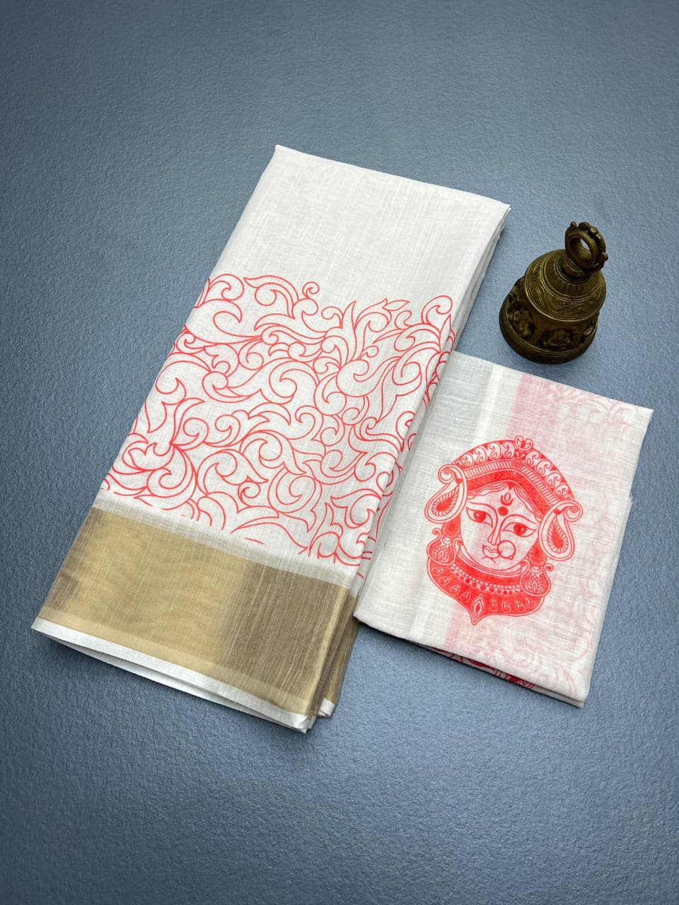 Sf MG606 Linen Digital Printed Gold Zari Border Saree