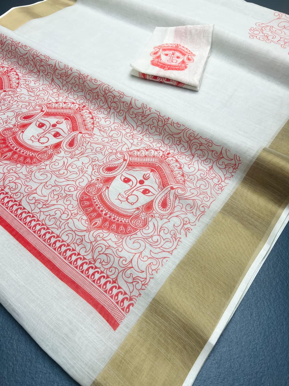 Sf MG606 Linen Digital Printed Gold Zari Border Saree