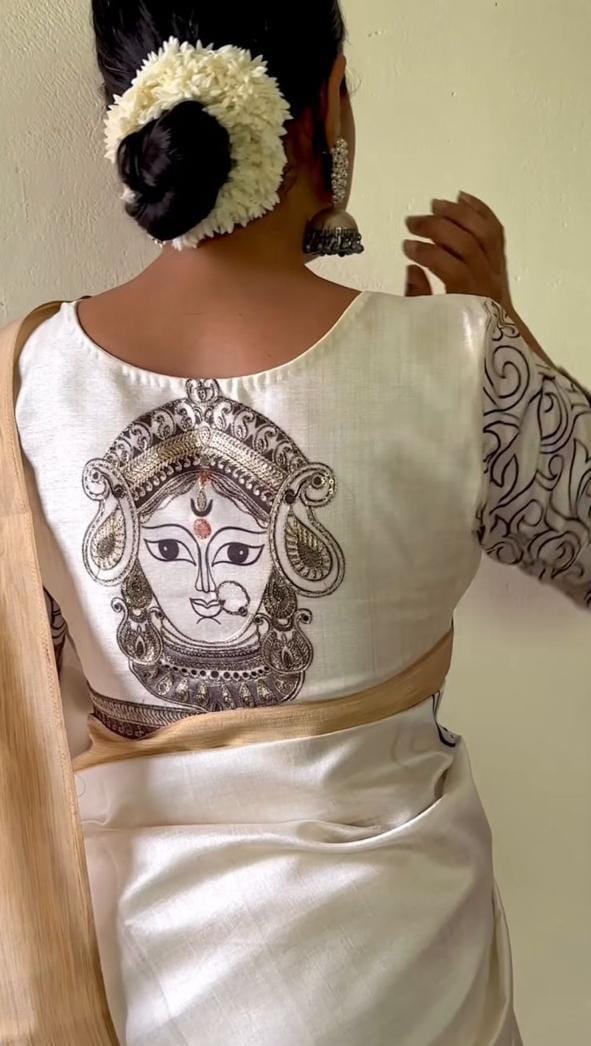Sf MG606 Linen Digital Printed Gold Zari Border Saree