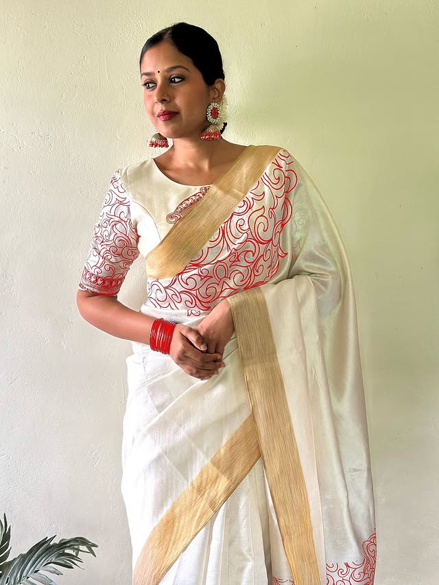 Sf MG606 Linen Digital Printed Gold Zari Border Saree