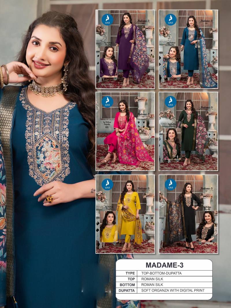 Kaya Madame Vol 3 Roman Silk Kurti Pant And Dupatta Collection