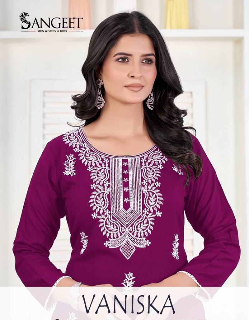 Sangeet Vaniska Rayon White Embroidery Kurti Casual Wear Collection