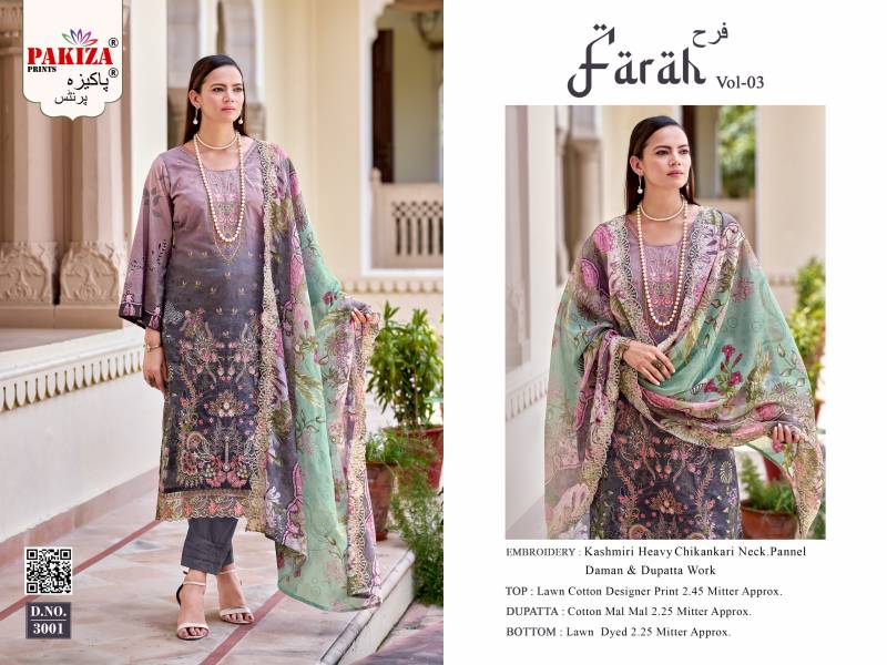 Pakiza Farah Vol 3 Lawn Cotton Embroidery Work Dress Material Collection