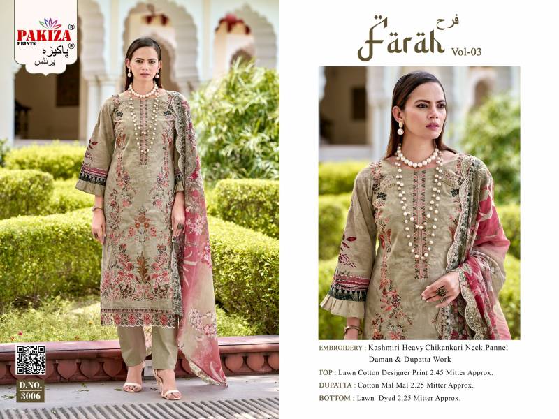 Pakiza Farah Vol 3 Lawn Cotton Embroidery Work Dress Material Collection