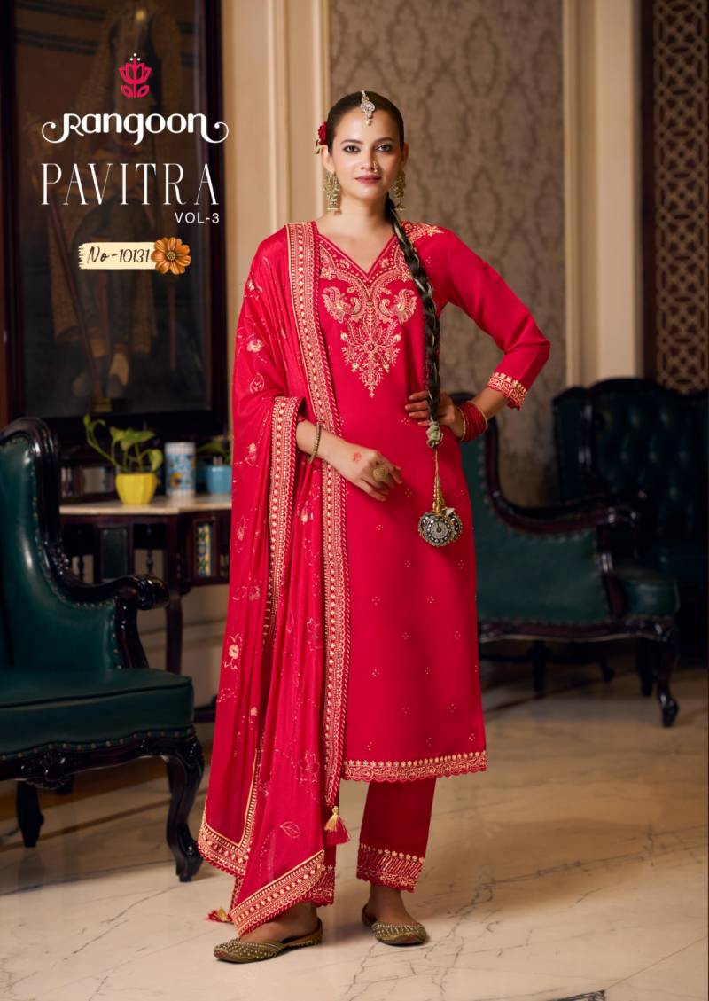 Rangoon Pavitra Vol 3 Silk Fancy Work Kurti Pant and Dupatta Collection