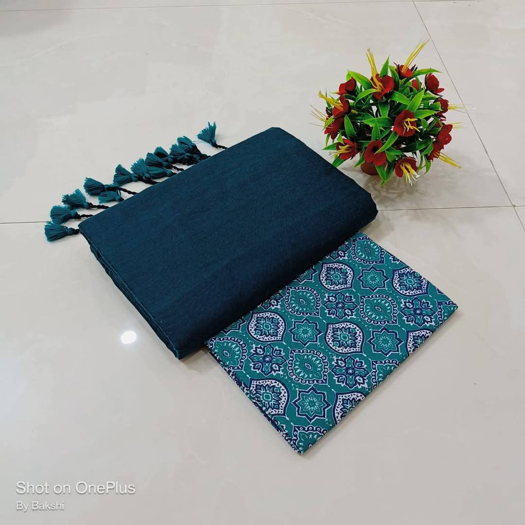 Lekha Cf 165 Khadi Cotton Plain Saree With Printed Blouse