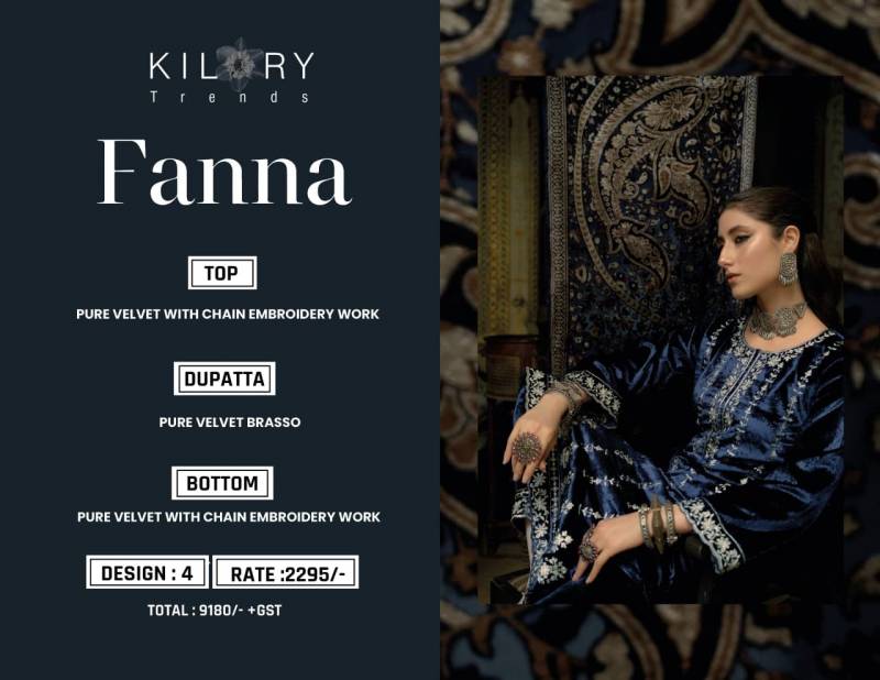 Kilory Fanna Pure Velvet Embroidery Salwar Kameez Collection