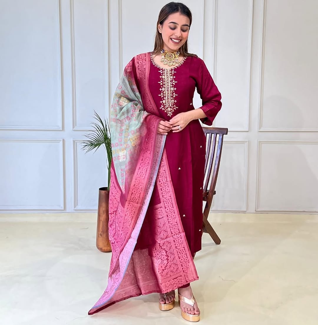 Navya Kurti 134 Party Wear Embroidery Worked Cotton Silk Kurti with Pant and Dupatta Set 