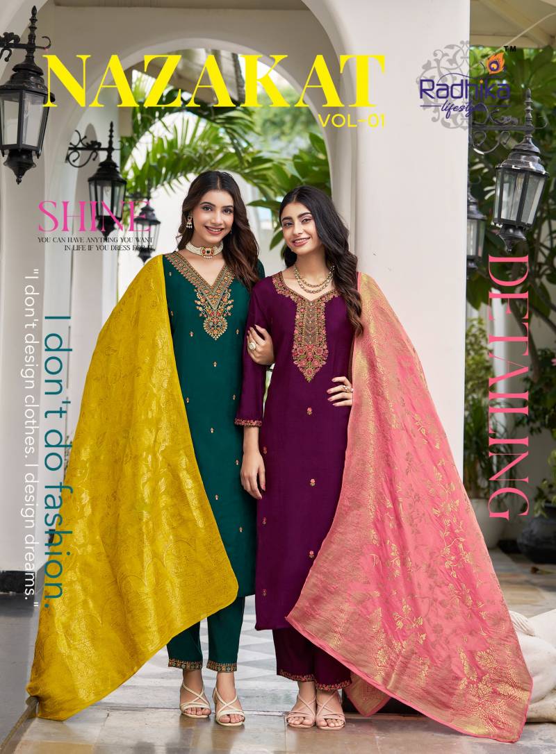 Radhika Lifestyle Nazakat Vol 1 Vertican Silk Kurti Pant And Dupatta