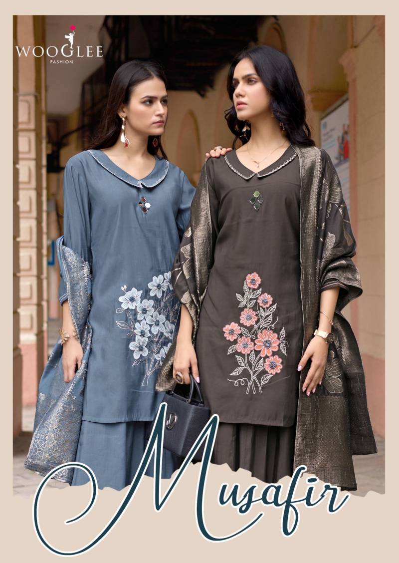 Wooglee Musafir Russian Silk Threadwork Kurti Pant And Dupatta Collection