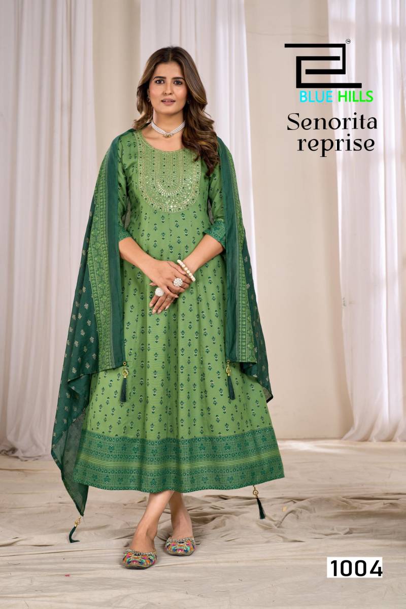 Blue Hills Senorita Reprise Rayon Printed Anarkali Kurti With Dupatta Collection
