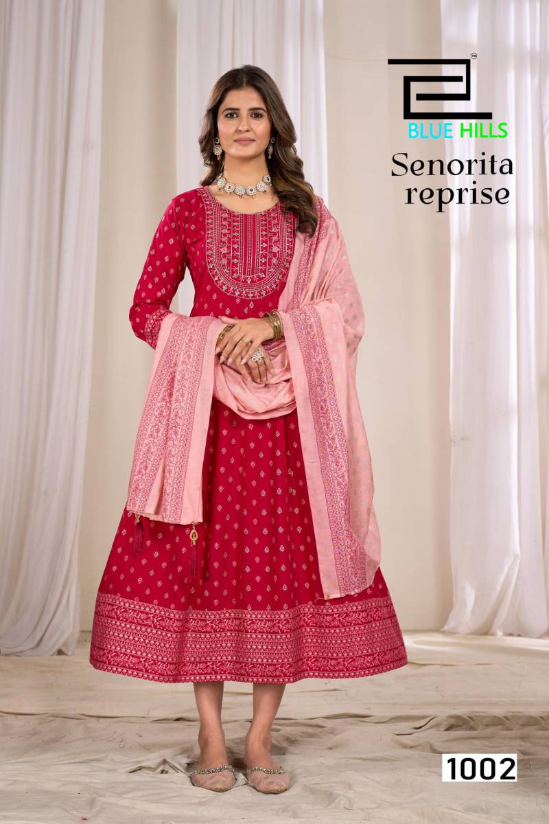 Blue Hills Senorita Reprise Rayon Printed Anarkali Kurti With Dupatta Collection
