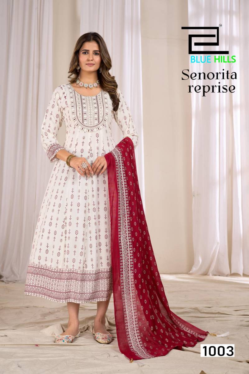 Blue Hills Senorita Reprise Rayon Printed Anarkali Kurti With Dupatta Collection