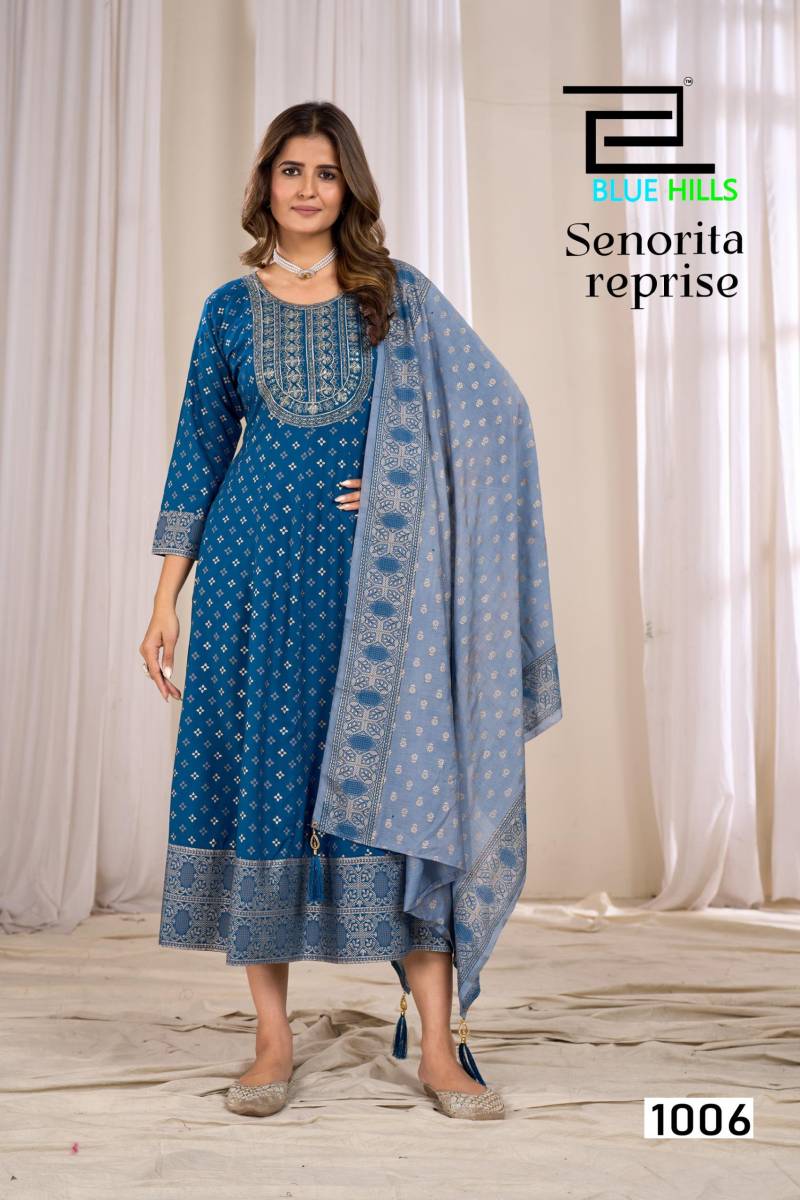 Blue Hills Senorita Reprise Rayon Printed Anarkali Kurti With Dupatta Collection