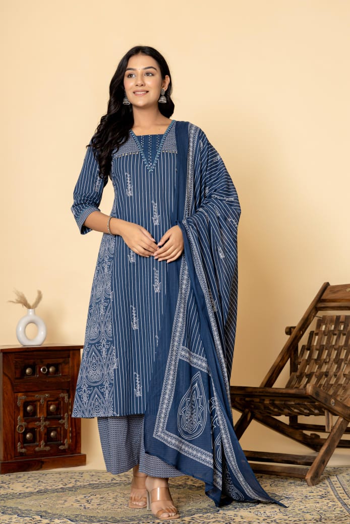 Naisha K 309 Cotton Kurti And Plazzo Dupatta Casual Wear Collection