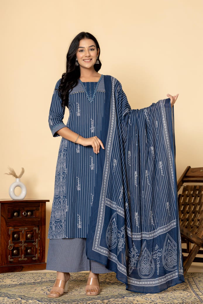 Naisha K 309 Cotton Kurti And Plazzo Dupatta Casual Wear Collection