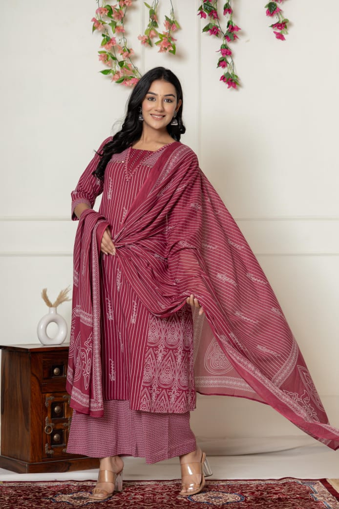 Naisha K 309 Cotton Kurti And Plazzo Dupatta Casual Wear Collection