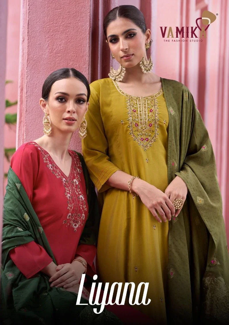 Vamika Liyana Viscose Vertican Silk Kurti Pant And Dupatta Collection