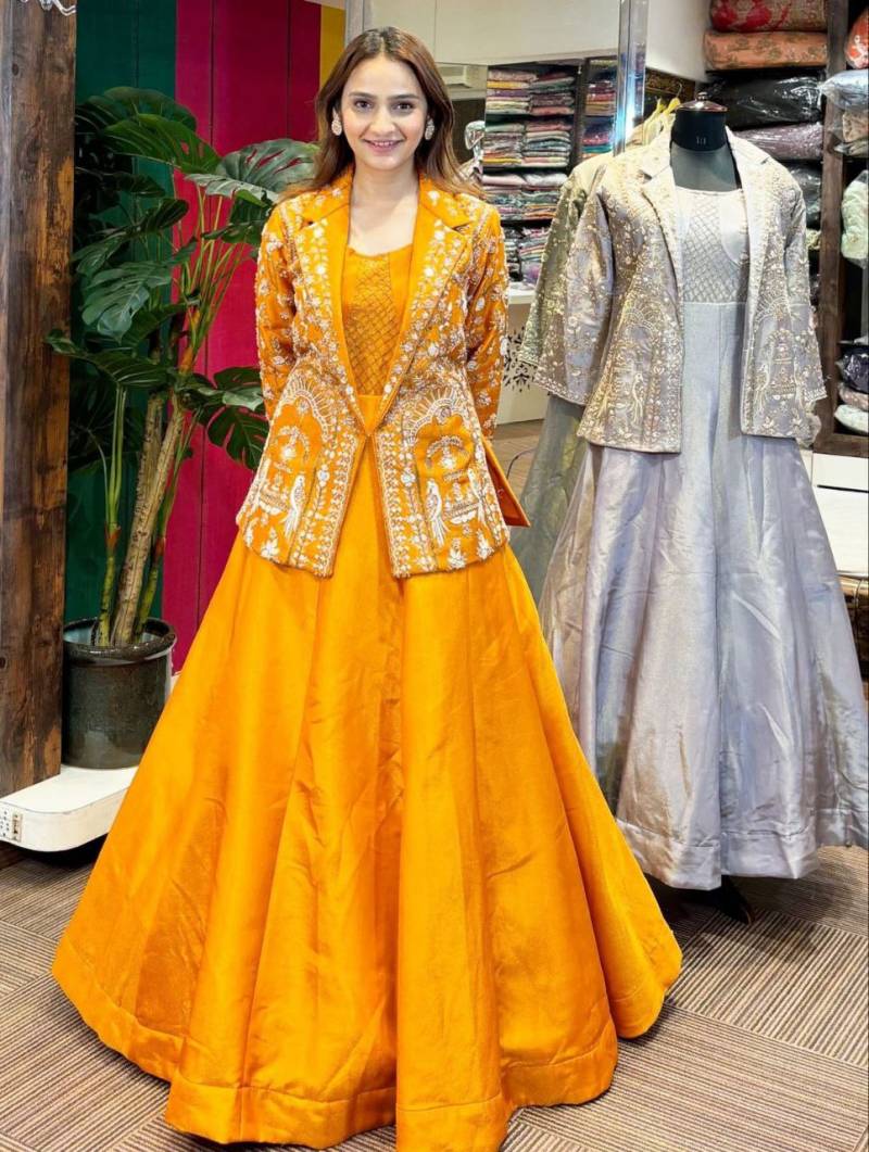 7121 Beautiful Crepe Embroidered Yellow Gown Collection