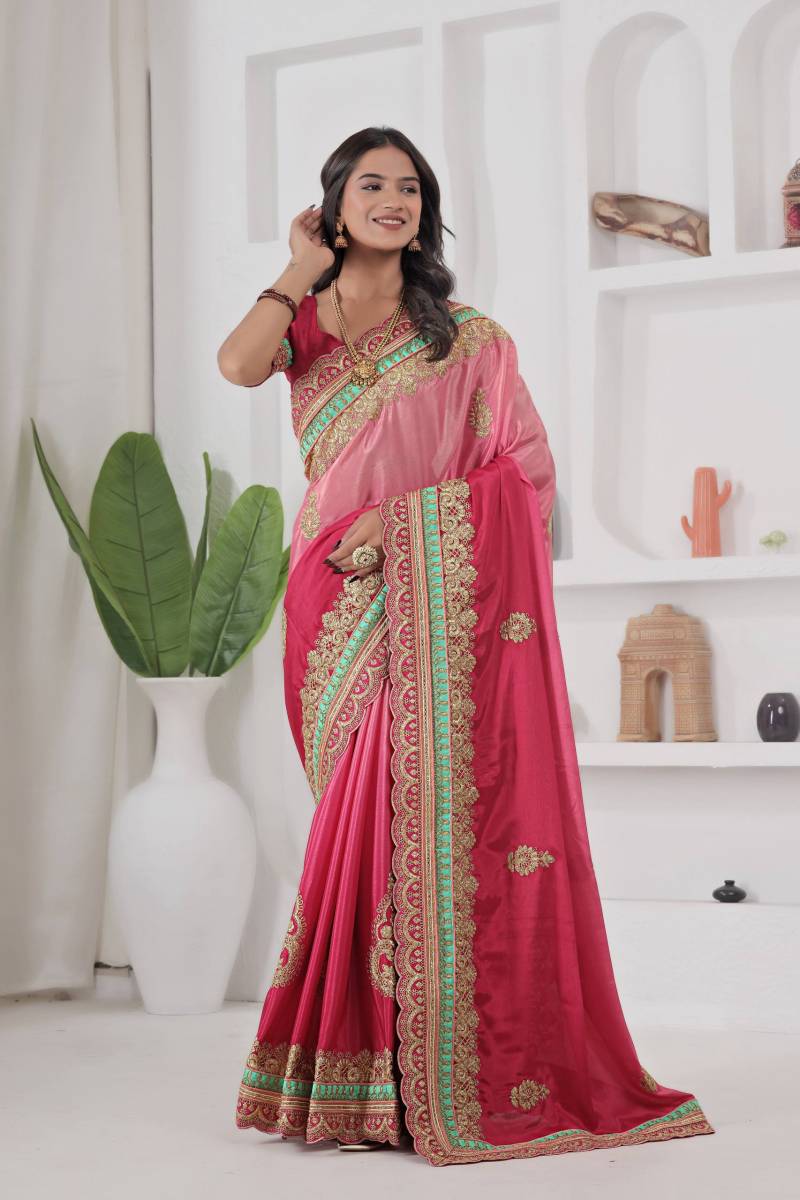 7122 Beautiful Chinon Silk Embroidered Codding Designer Wedding Saree