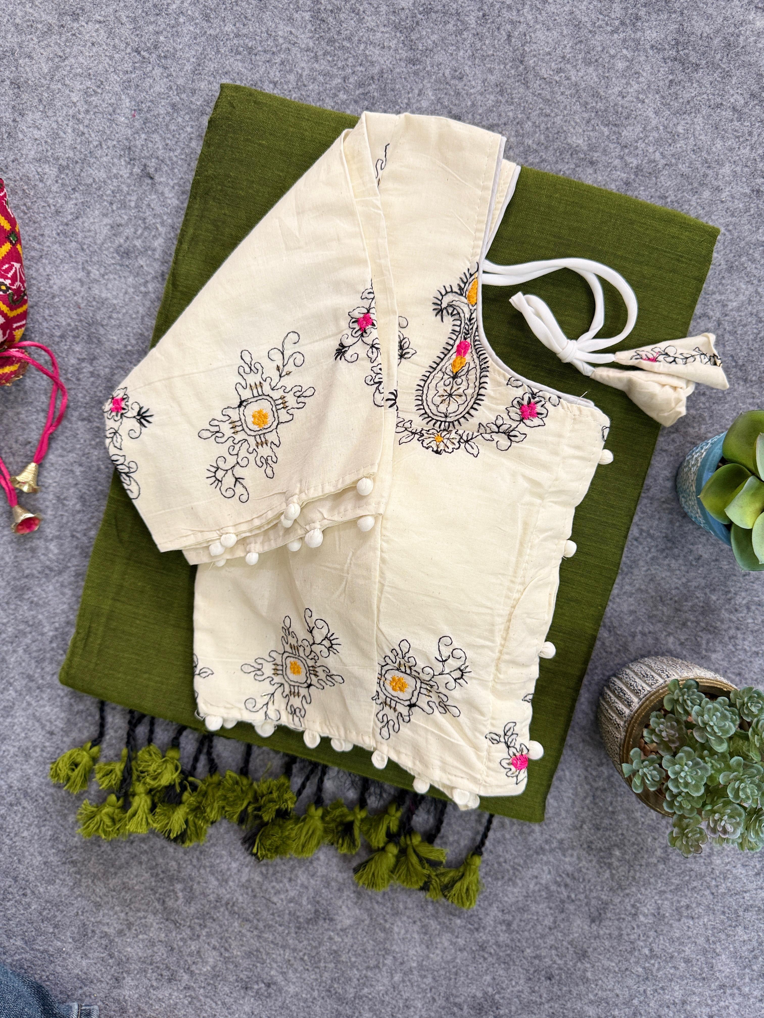 Lekha Cf 122 Khadi Cotton Plain Saree With Embroidery Readymade Blouse