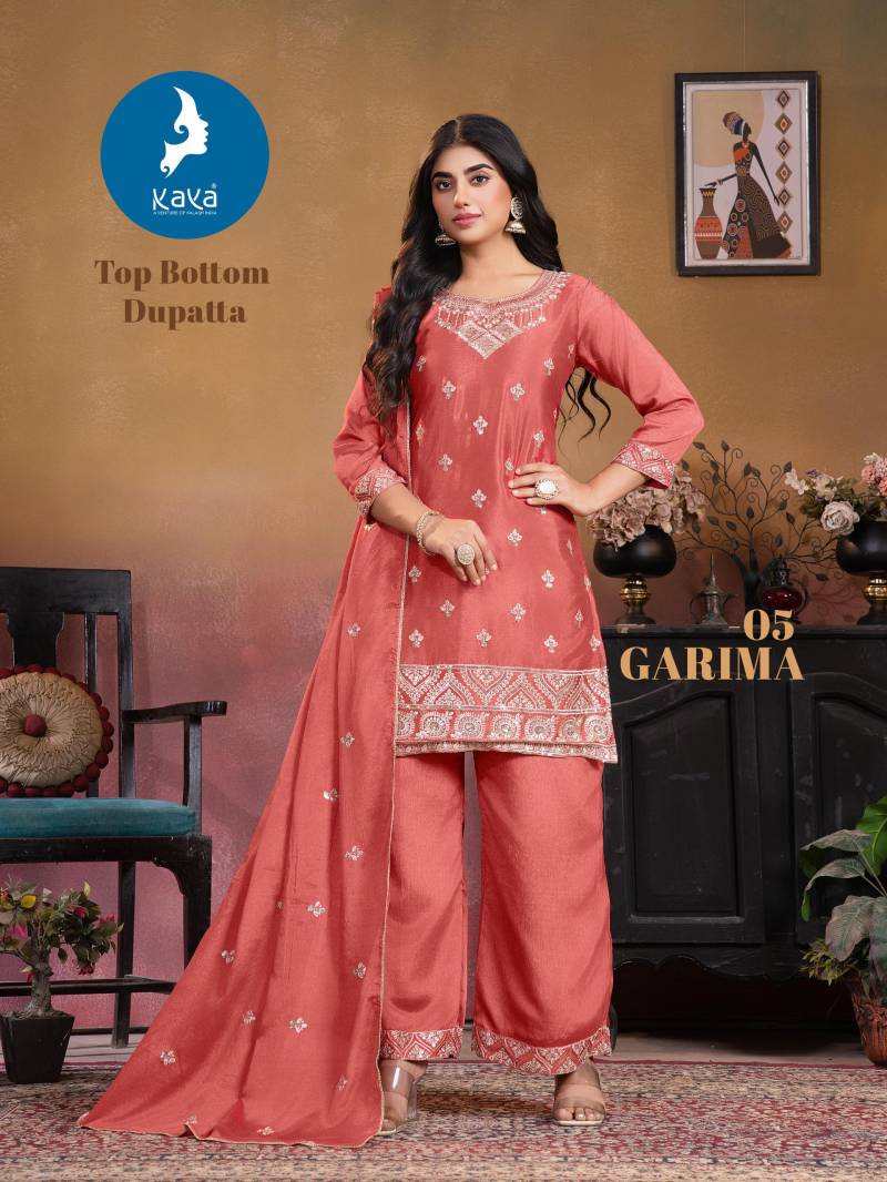 Kaya Garima Chinon Straight Cut Kurti Pant And Dupatta Collection