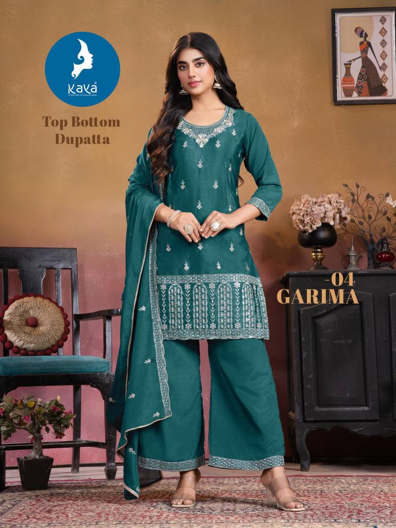 Kaya Garima Chinon Straight Cut Kurti Pant And Dupatta Collection