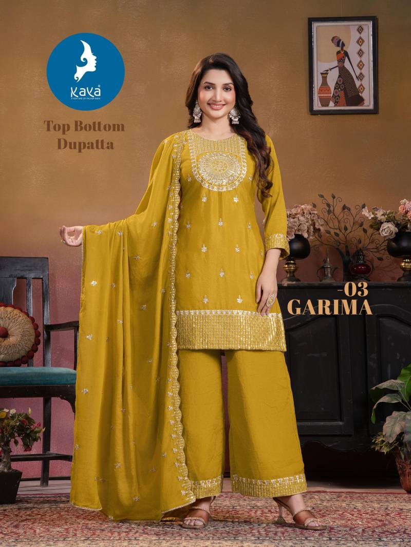 Kaya Garima Chinon Straight Cut Kurti Pant And Dupatta Collection