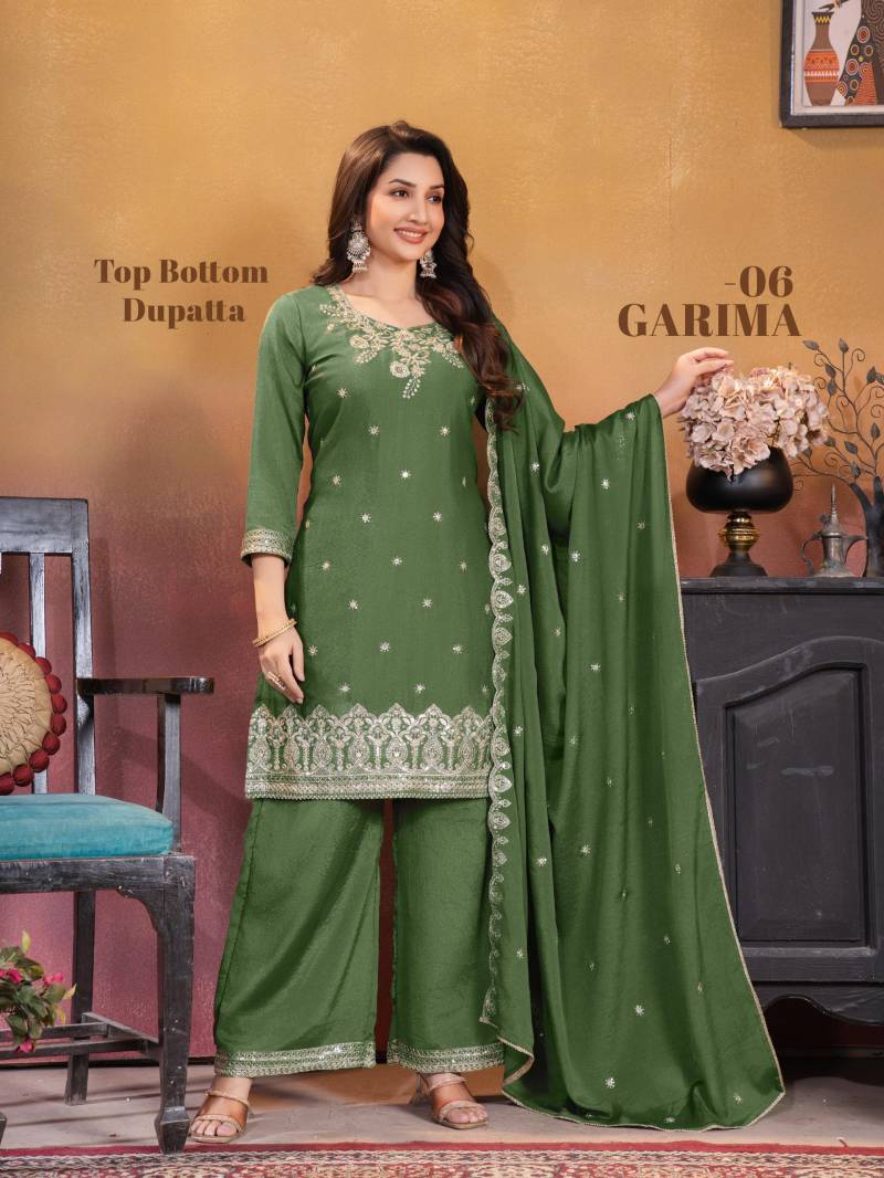 Kaya Garima Chinon Straight Cut Kurti Pant And Dupatta Collection