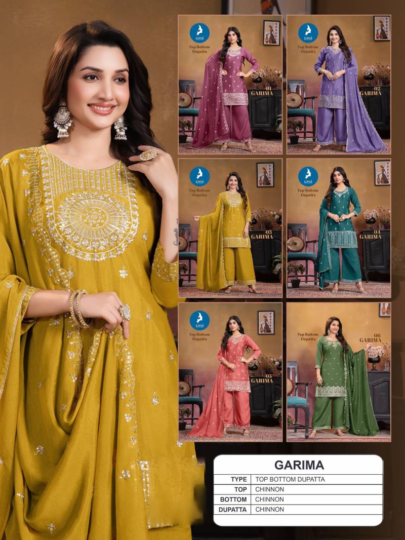 Kaya Garima Chinon Straight Cut Kurti Pant And Dupatta Collection