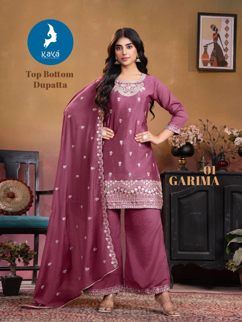 Kaya Garima Chinon Straight Cut Kurti Pant And Dupatta Collection
