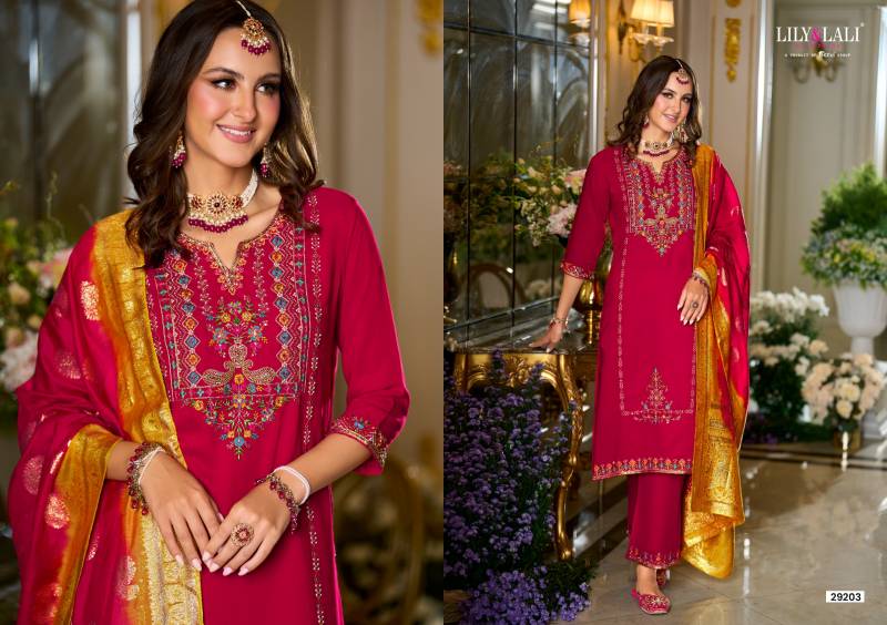 Lily And Lali Sitara Viscose Fancy Embroidery Work Kurti Pant And Dupatta