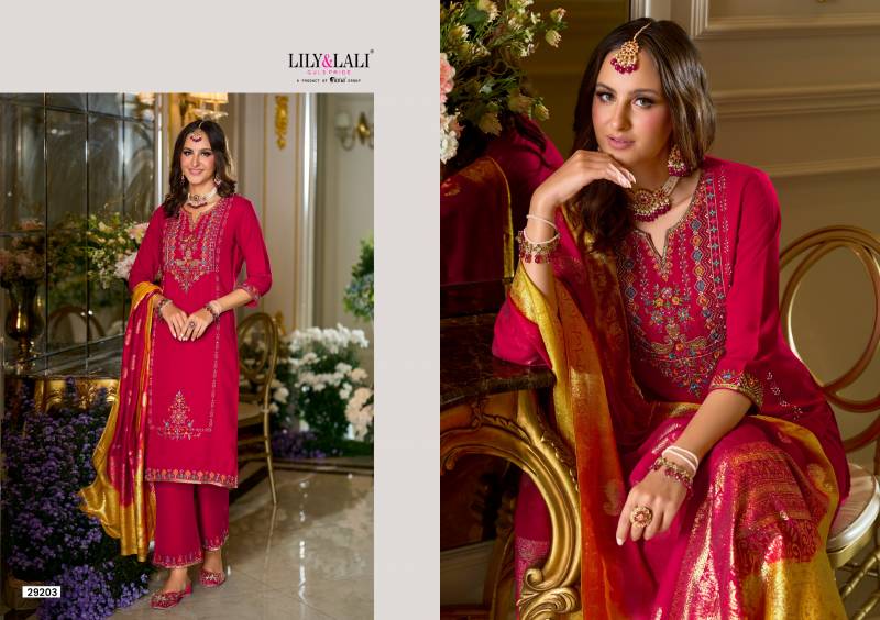 Lily And Lali Sitara Viscose Fancy Embroidery Work Kurti Pant And Dupatta