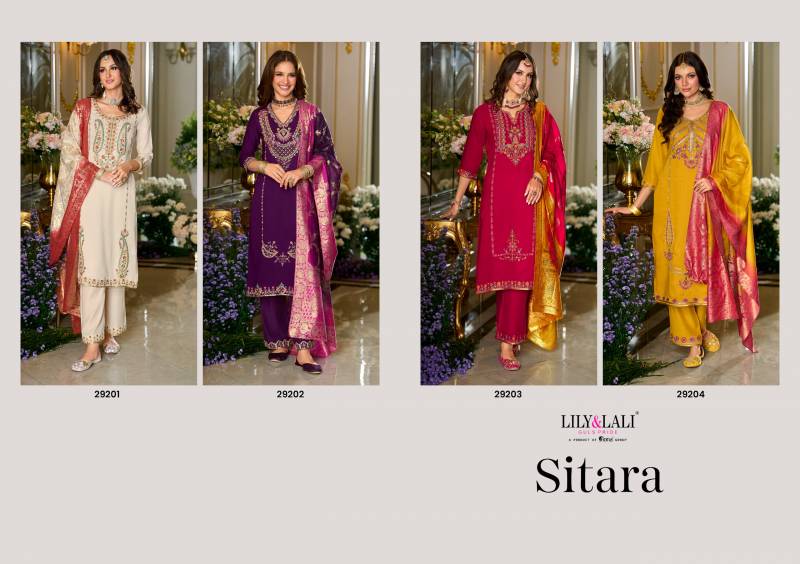 Lily And Lali Sitara Viscose Fancy Embroidery Work Kurti Pant And Dupatta