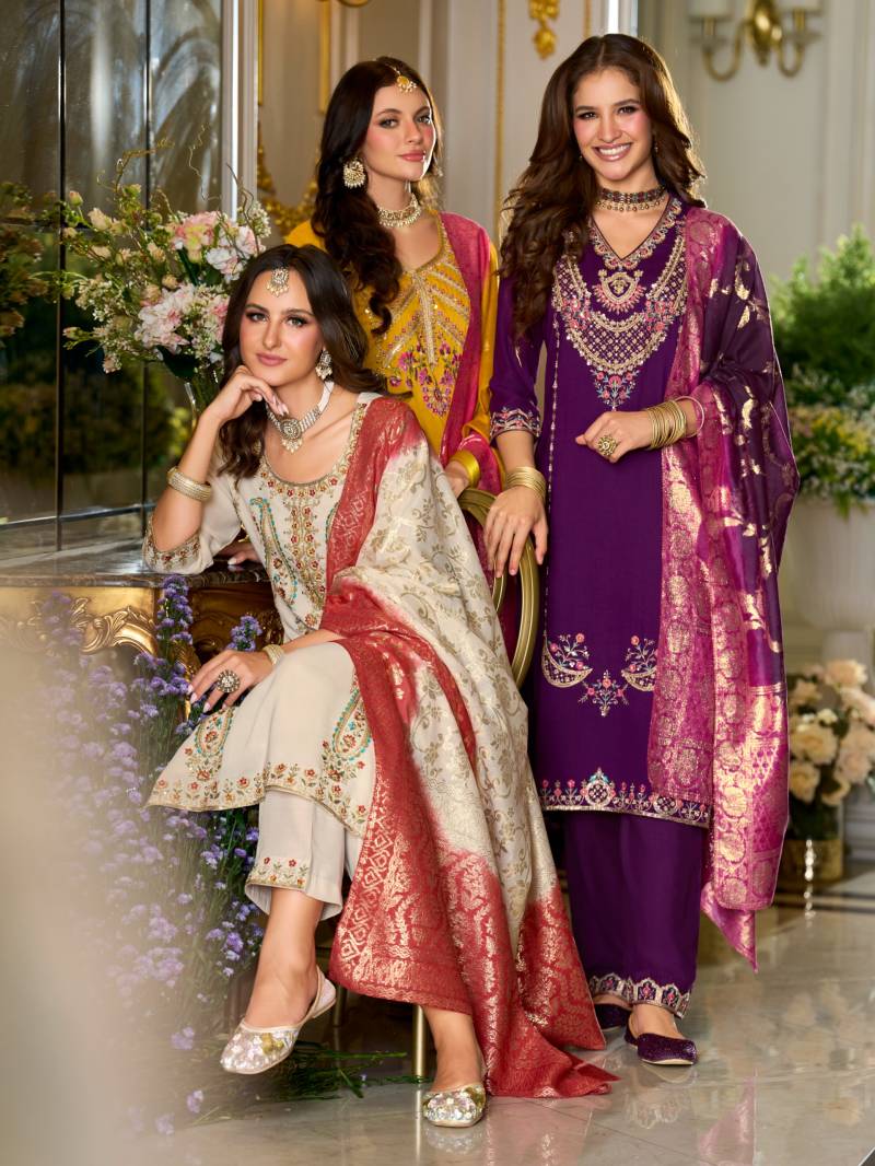 Lily And Lali Sitara Viscose Fancy Embroidery Work Kurti Pant And Dupatta