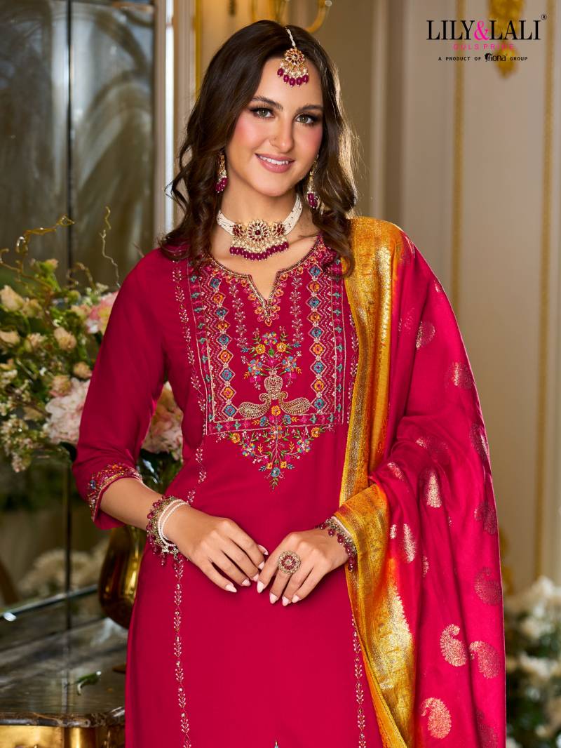 Lily And Lali Sitara Viscose Fancy Embroidery Work Kurti Pant And Dupatta