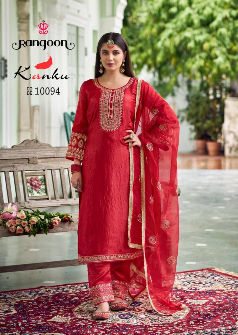 Rangoon Kanku 10091 To 10094 Gold Crush With Fancy Work Top Bottom And Dupatta