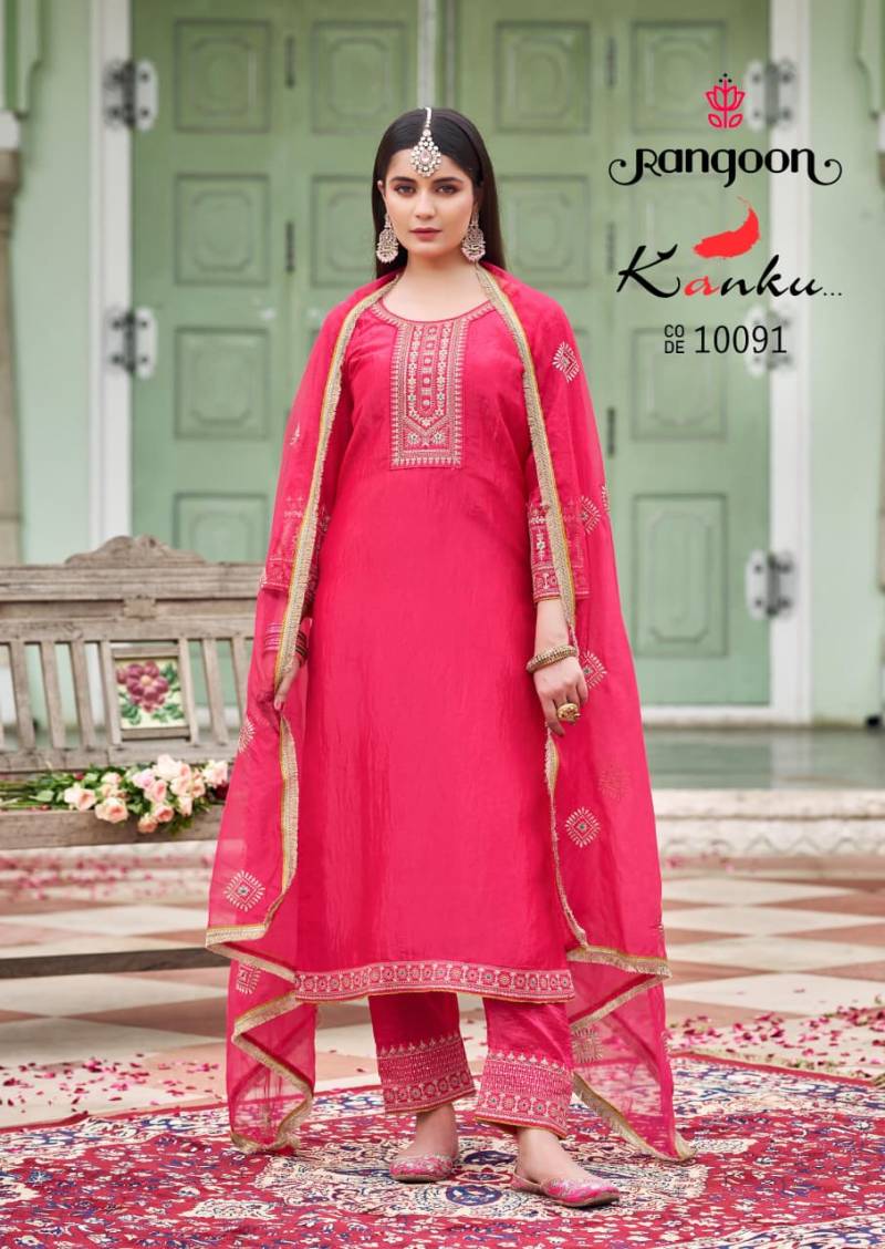 Rangoon Kanku 10091 To 10094 Gold Crush With Fancy Work Top Bottom And Dupatta