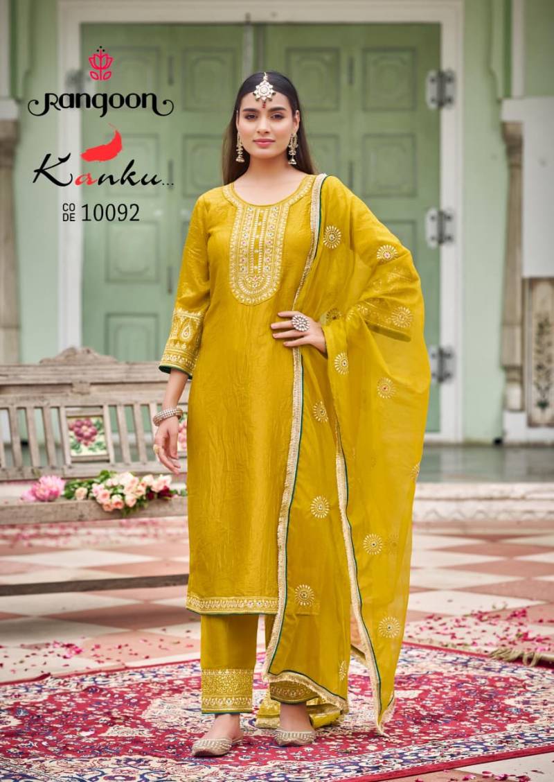 Rangoon Kanku 10091 To 10094 Gold Crush With Fancy Work Top Bottom And Dupatta