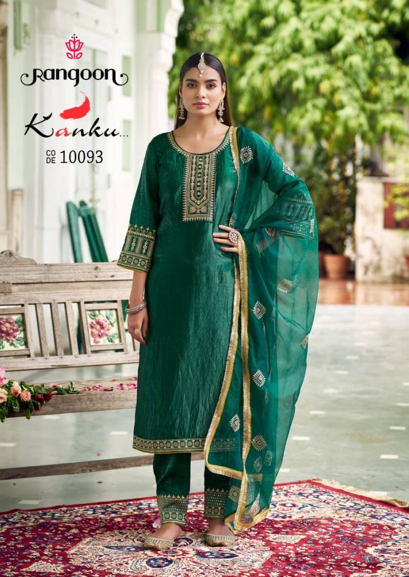 Rangoon Kanku 10091 To 10094 Gold Crush With Fancy Work Top Bottom And Dupatta