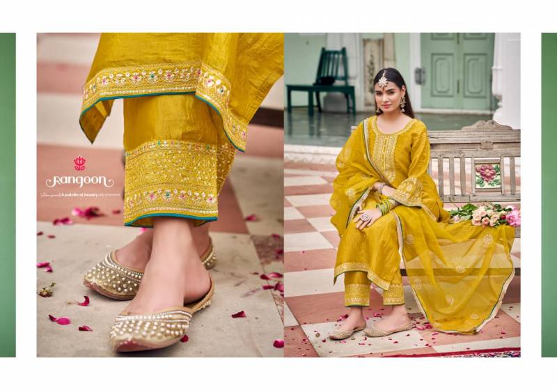 Rangoon Kanku 10091 To 10094 Gold Crush With Fancy Work Top Bottom And Dupatta