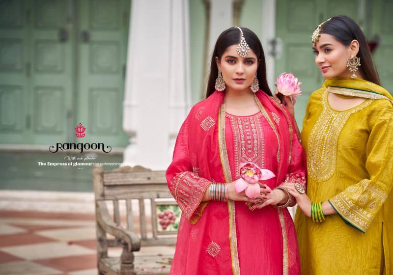 Rangoon Kanku 10091 To 10094 Gold Crush With Fancy Work Top Bottom And Dupatta