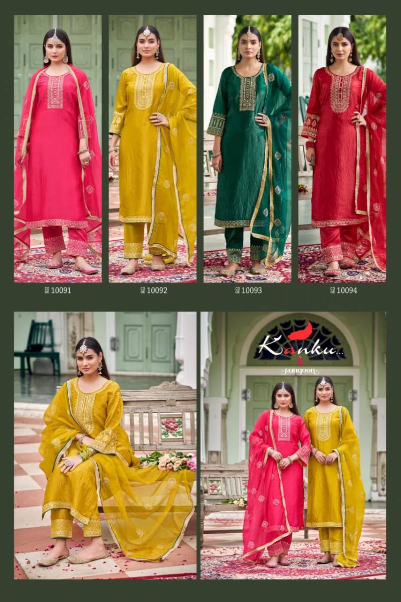 Rangoon Kanku 10091 To 10094 Gold Crush With Fancy Work Top Bottom And Dupatta