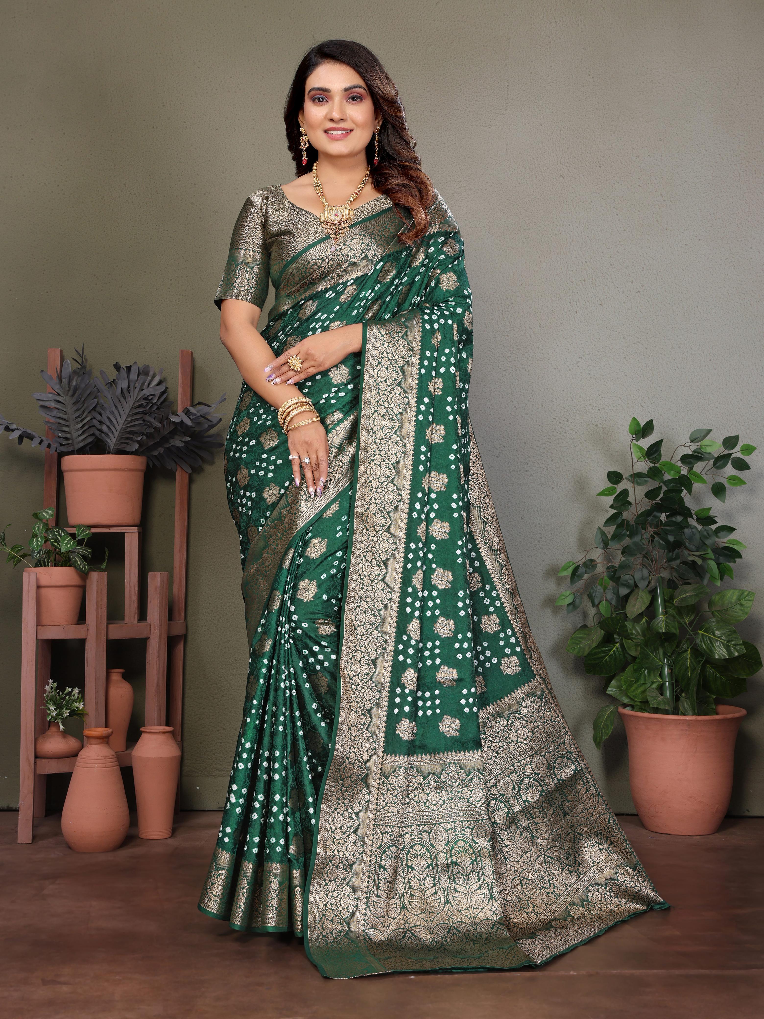 Lekha VC Shakuntala Satin Silk Bandhej With Zari Weaving Butta Saree