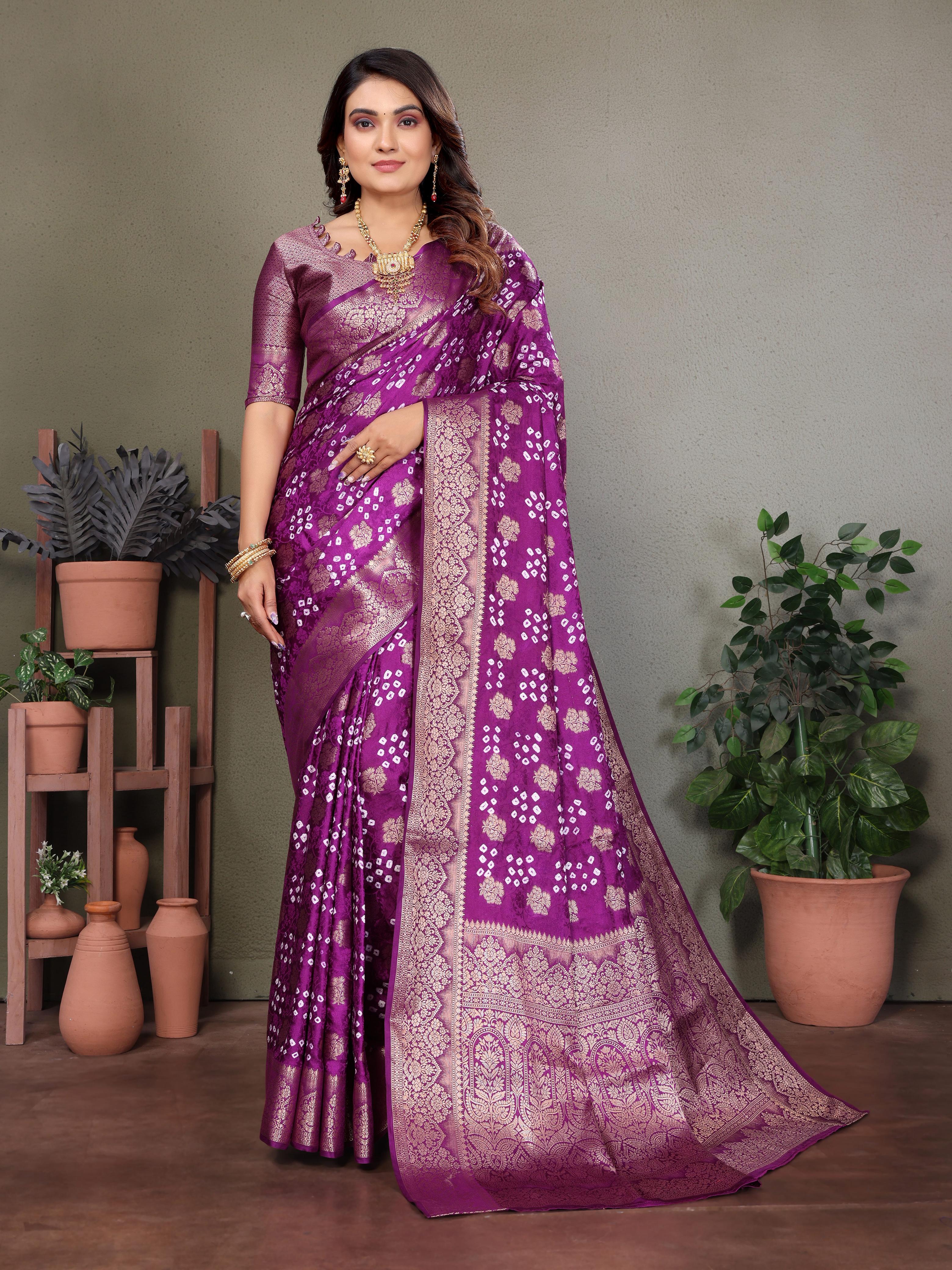 Lekha VC Shakuntala Satin Silk Bandhej With Zari Weaving Butta Saree