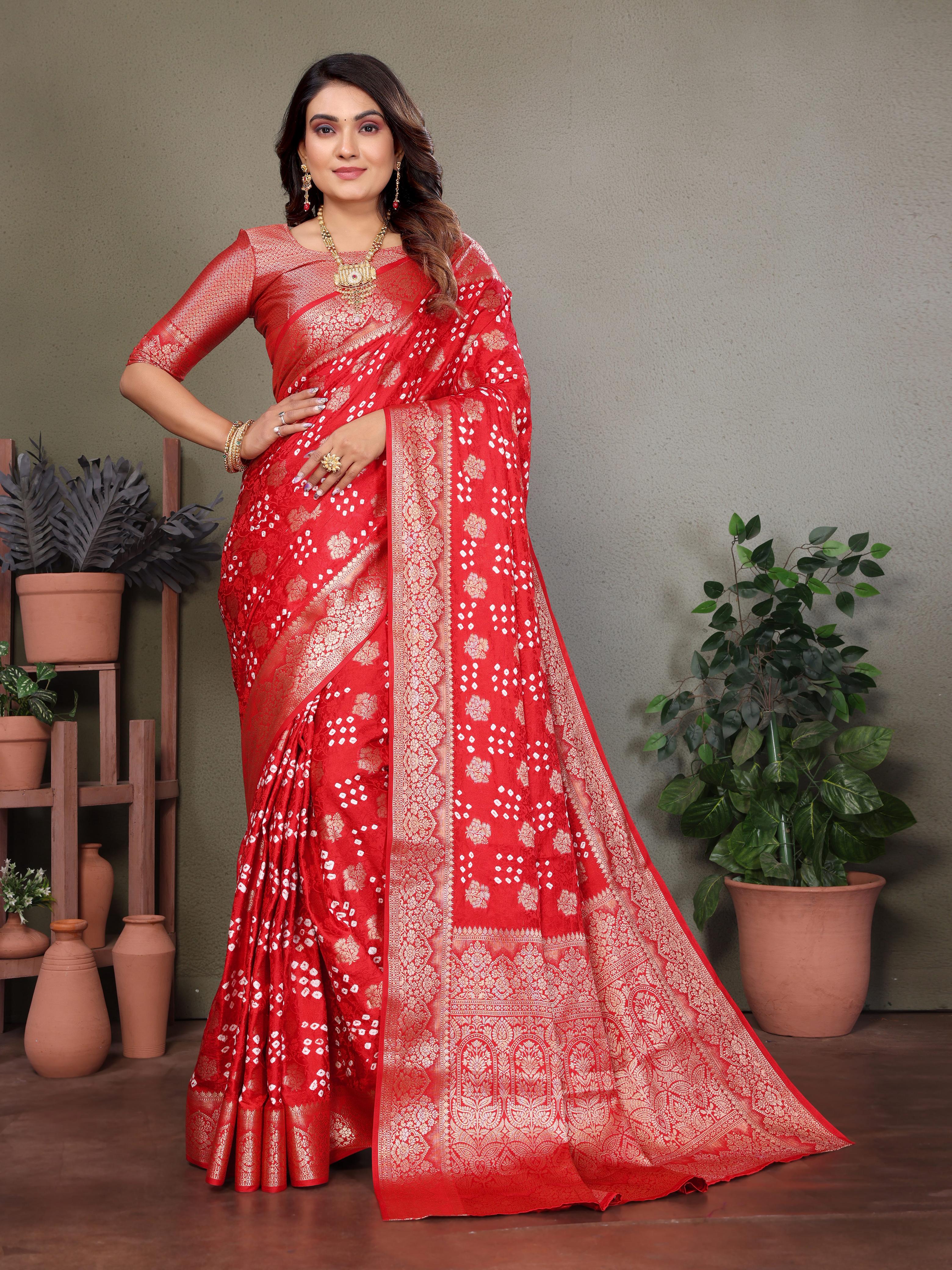 Lekha VC Shakuntala Satin Silk Bandhej With Zari Weaving Butta Saree