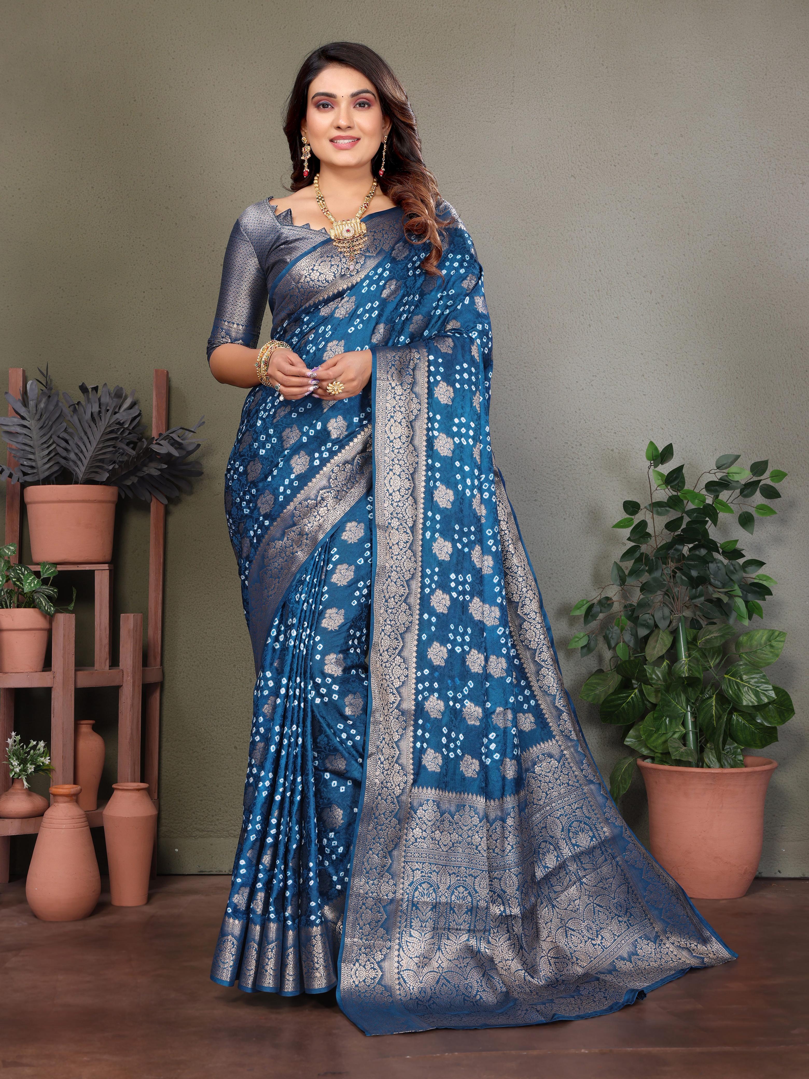 Lekha VC Shakuntala Satin Silk Bandhej With Zari Weaving Butta Saree