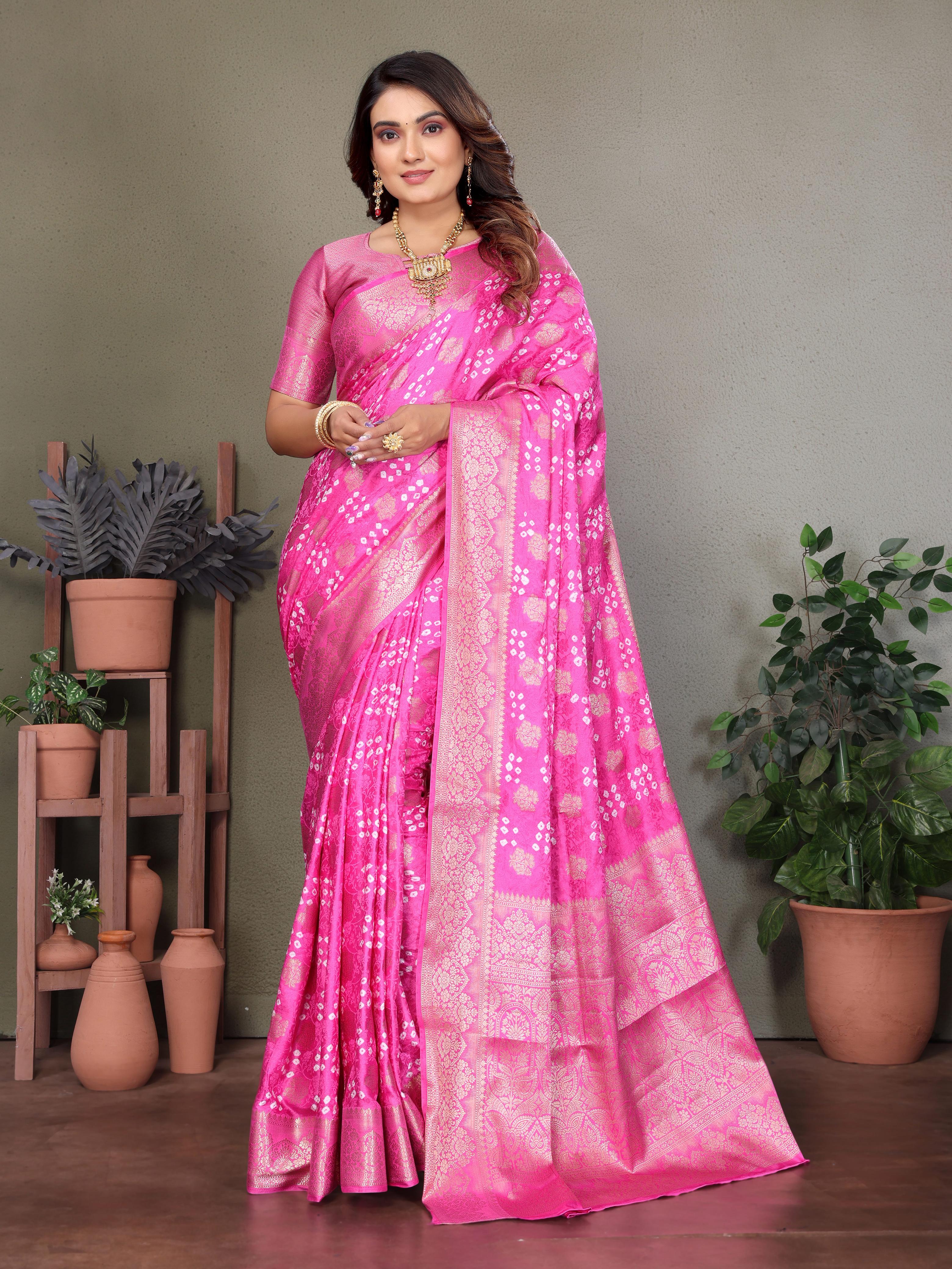 Lekha VC Shakuntala Satin Silk Bandhej With Zari Weaving Butta Saree