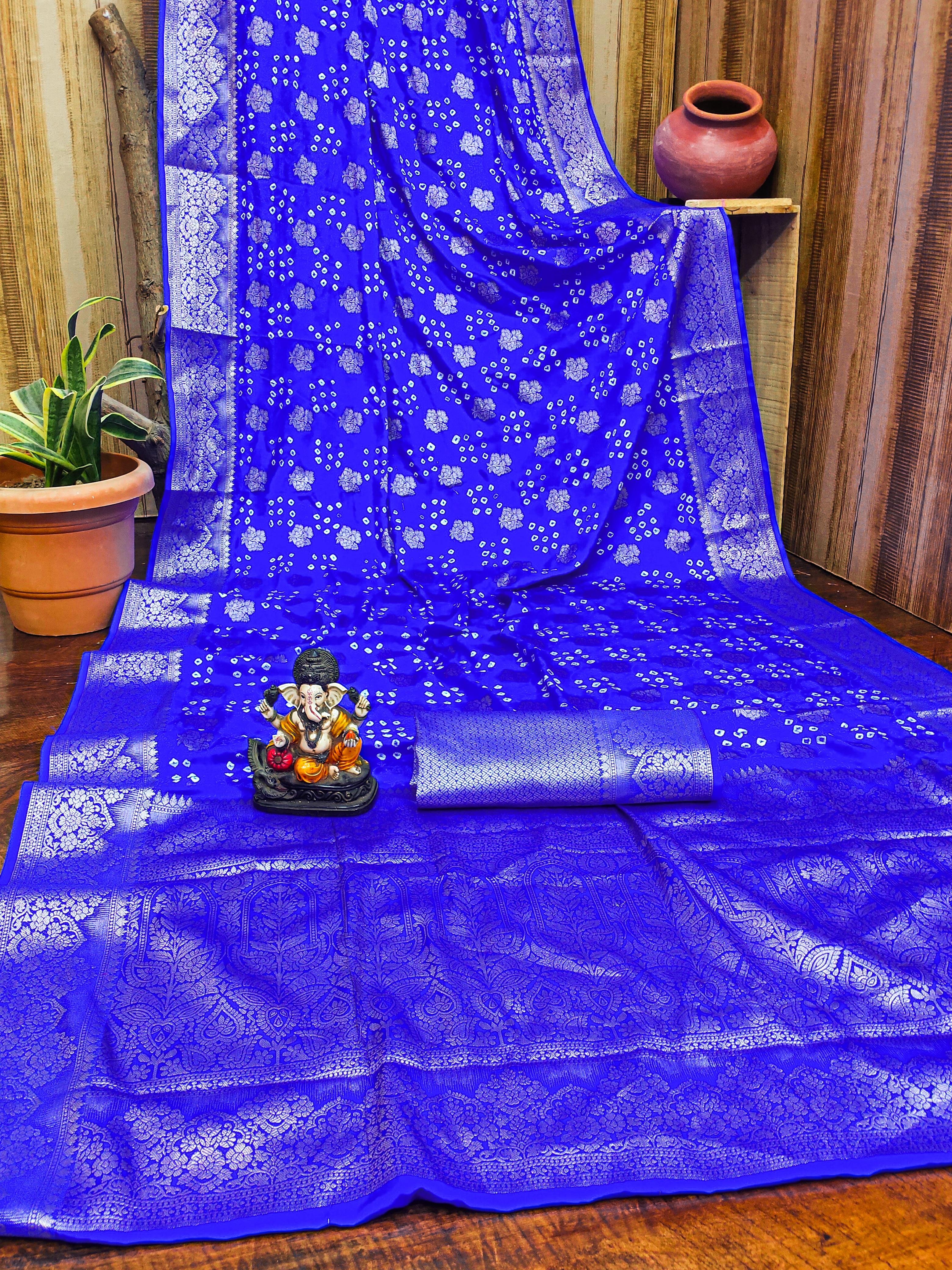 Lekha VC Shakuntala Satin Silk Bandhej With Zari Weaving Butta Saree